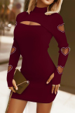 Deep Red Elegant Solid Hollowed Out Patchwork Hot Drill O Neck Wrapped Skirt Dresses
