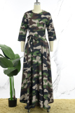 Blue Casual Daily Simplicity Camouflage Print With Belt Printing Maxi Dresses