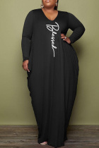 Black Casual Print Basic V Neck Long Sleeve Plus Size Dresses
