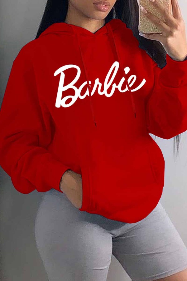 Red Sportswear Print Letter Hooded Collar Tops
