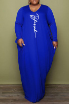Deep Blue Casual Print Basic V Neck Long Sleeve Plus Size Dresses