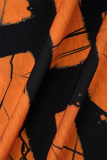 Orange Casual Daily Mixed Printing Slit Printing Contrast V Neck Dresses