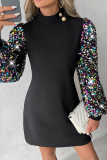 Colorful Blue Casual Patchwork Hollowed Out Sequins Half A Turtleneck Long Sleeve Dresses