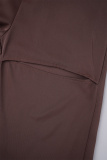 Dark Brown Sweet Solid Hollowed Out Patchwork Buckle O Neck Long Sleeve Two Pieces