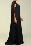 Black Street Solid Patchwork Pleated O Neck Long Dress Dresses