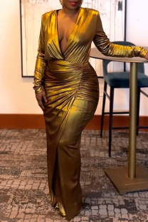 Gold Party Elegant Formal Fold V Neck Long Sleeve Dresses