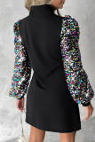 Black Casual Patchwork Hollowed Out Sequins Half A Turtleneck Long Sleeve Dresses