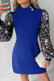 Red Casual Patchwork Hollowed Out Sequins Half A Turtleneck Long Sleeve Dresses