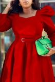 Red Casual Solid With Belt Square Collar Long Sleeve Dresses