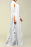 White Street Solid Patchwork Pleated O Neck Long Dress Dresses