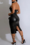 Black Party Elegant Plain Strapless Wrapped Skirt Dresses