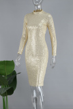 Khaki Casual Patchwork Sequins O Neck Long Sleeve Dresses