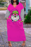 Green Pink Casual Print Santa Claus Patchwork V Neck Long Dress Dresses