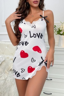 White Sexy Print Backless Lingerie Suspender Nightgown