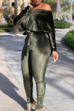 Green Sweet Solid Bandage Patchwork Oblique Collar Loose Jumpsuits