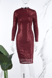 Burgundy Casual Patchwork Sequins O Neck Long Sleeve Dresses