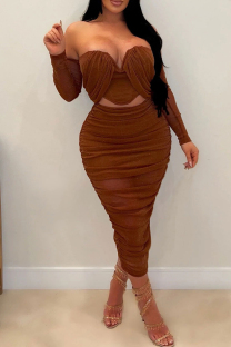 Brown Sexy Casual Solid Backless Off the Shoulder Long Sleeve Two Pieces