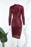 Burgundy Casual Patchwork Sequins O Neck Long Sleeve Dresses