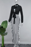 White Casual Color Block Tassel Patchwork Contrast V Neck Long Sleeve Two Pieces