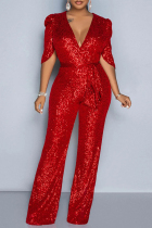 Red Casual Patchwork Sequins With Belt V Neck Skinny Jumpsuits