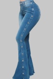 Blue Casual Solid Patchwork High Waist Skinny Denim Jeans