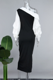 Black White Party Elegant Patchwork Contrast Oblique Collar Long Sleeve Dresses