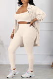 Apricot Casual Solid Cardigan Vests Pants Turndown Collar Long Sleeve Three Piece Set