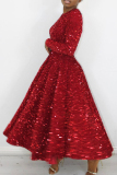 Red Elegant Solid Sequins Patchwork Zipper O Neck A Line Dresses