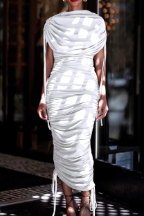 White Elegant Solid Bandage Patchwork Fold Zipper O Neck Irregular Dress Dresses