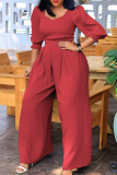 Red Elegant Solid Patchwork Asymmetrical Collar Loose Jumpsuits