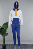 White Blue Casual Color Block Patchwork Draw String Pocket Zipper Hooded Collar Long Sleeve Two Pieces