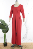 Red Elegant Solid Patchwork Asymmetrical Collar Loose Jumpsuits
