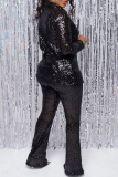 Black Street Solid Sequins Patchwork Buckle Turndown Collar Long Sleeve Two Pieces