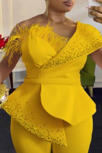 Yellow Casual Solid Patchwork Feathers Beading One Shoulder Regular Jumpsuits