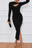 Black Casual Solid Hollowed Out Slit O Neck Long Sleeve Dresses