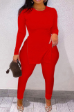 Red Casual Solid Slit O Neck Long Sleeve Two Pieces