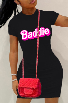 Black Casual Letter Print Basic O Neck Short Sleeve Dress