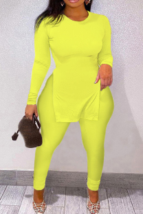 Yellow Casual Solid Slit O Neck Long Sleeve Two Pieces