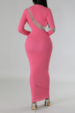 Pink Casual Solid Patchwork O Neck Long Dress Dresses