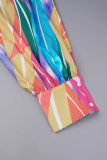 Colour Casual Color Block Patchwork Buckle Turndown Collar Plus Size Tops