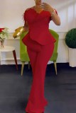 Rose Red Casual Solid Patchwork Feathers Beading One Shoulder Regular Jumpsuits