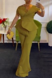 Yellow Casual Solid Patchwork Feathers Beading One Shoulder Regular Jumpsuits