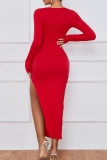 Red Casual Solid Hollowed Out Slit O Neck Long Sleeve Dresses