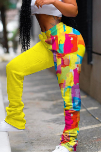 Yellow Casual Print Patchwork Regular Mid Waist Conventional Patchwork Trousers
