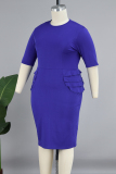 Blue Casual Solid Patchwork O Neck Wrapped Skirt Plus Size Dresses