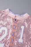 Pink Sexy Letter Patchwork Cross Straps O Neck Long Sleeve Two Pieces