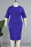 Blue Casual Solid Patchwork O Neck Wrapped Skirt Plus Size Dresses