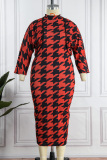 Red Casual Print Basic Half A Turtleneck Sleeveless Dress Plus Size Two Pieces