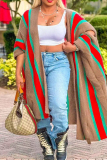 Khaki Street Color Block Hollowed Out Patchwork Slit Cardigan Collar Outerwear