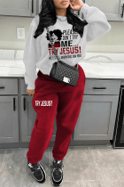 White Red Casual Print Patchwork Pocket O Neck Long Sleeve Two Pieces